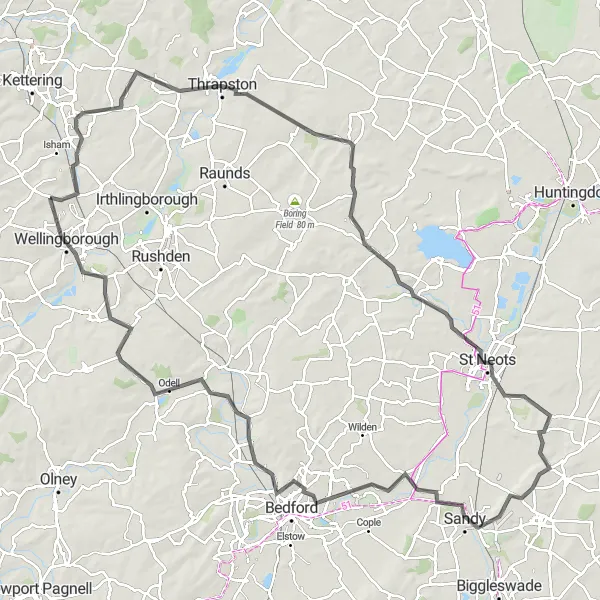 Map miniature of "Northamptonshire and Rutland Challenge" cycling inspiration in Leicestershire, Rutland and Northamptonshire, United Kingdom. Generated by Tarmacs.app cycling route planner