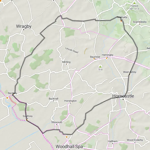 Map miniature of "The Langton Loop" cycling inspiration in Lincolnshire, United Kingdom. Generated by Tarmacs.app cycling route planner