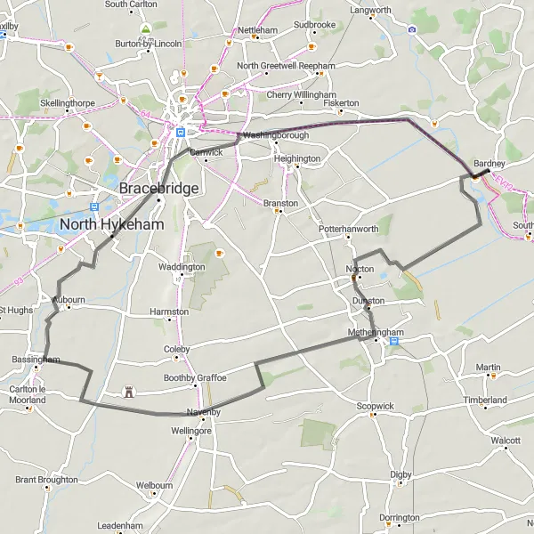 Map miniature of "Nocton to Bardney Circular" cycling inspiration in Lincolnshire, United Kingdom. Generated by Tarmacs.app cycling route planner