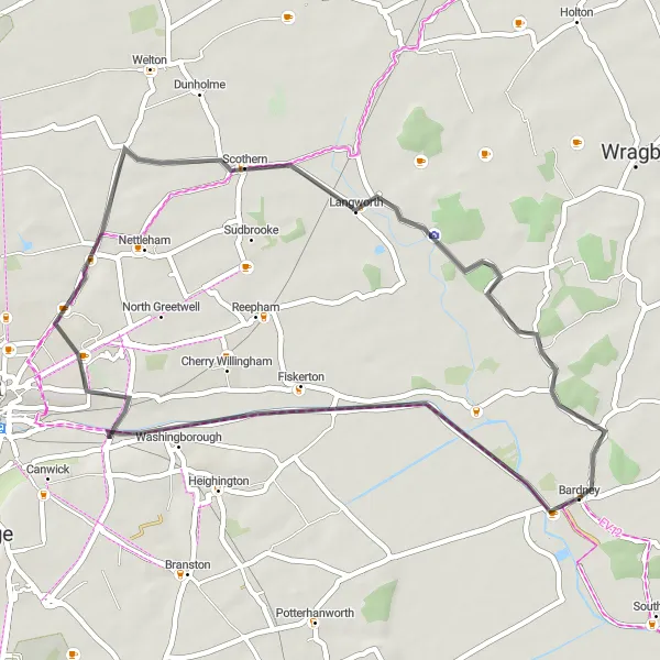 Map miniature of "The Greetwell and Scothern Loop" cycling inspiration in Lincolnshire, United Kingdom. Generated by Tarmacs.app cycling route planner