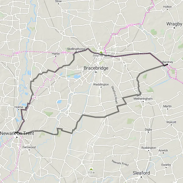 Map miniature of "Nocton and Navenby Loop" cycling inspiration in Lincolnshire, United Kingdom. Generated by Tarmacs.app cycling route planner