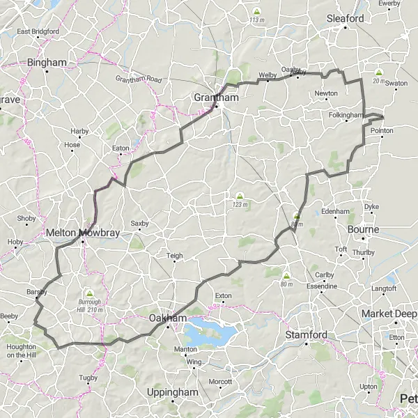 Map miniature of "The Rutland Challenge" cycling inspiration in Lincolnshire, United Kingdom. Generated by Tarmacs.app cycling route planner