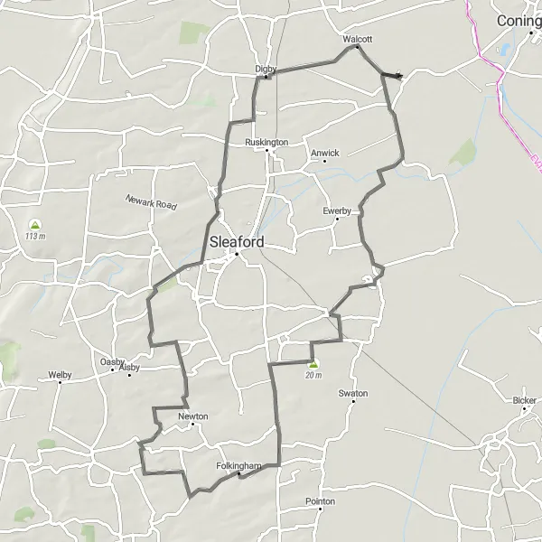 Map miniature of "Heckington to Leasingham Route" cycling inspiration in Lincolnshire, United Kingdom. Generated by Tarmacs.app cycling route planner