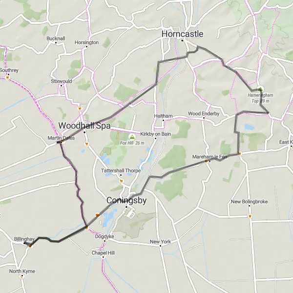 Map miniature of "The Woodhall Spa Loop" cycling inspiration in Lincolnshire, United Kingdom. Generated by Tarmacs.app cycling route planner