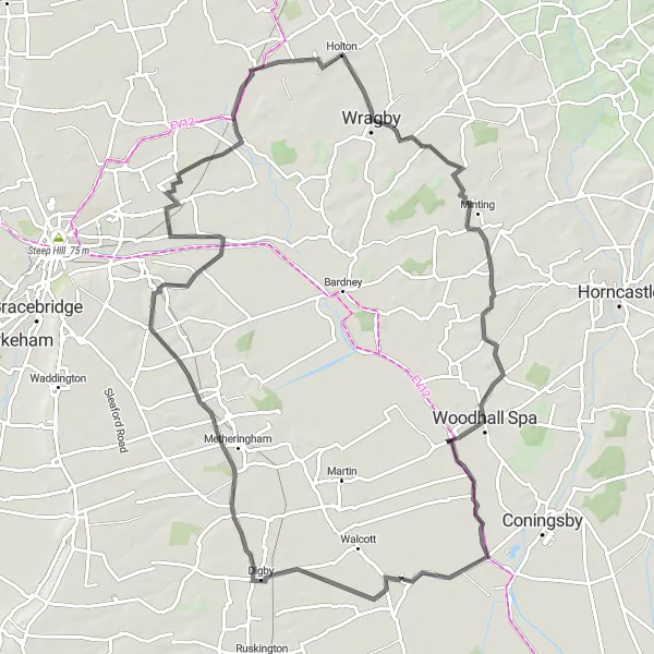 Map miniature of "The Wragby Loop" cycling inspiration in Lincolnshire, United Kingdom. Generated by Tarmacs.app cycling route planner