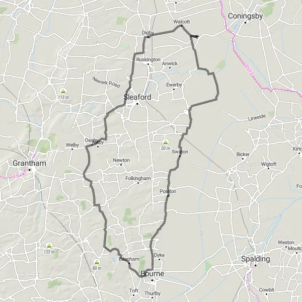 Map miniature of "Heckington Loop" cycling inspiration in Lincolnshire, United Kingdom. Generated by Tarmacs.app cycling route planner