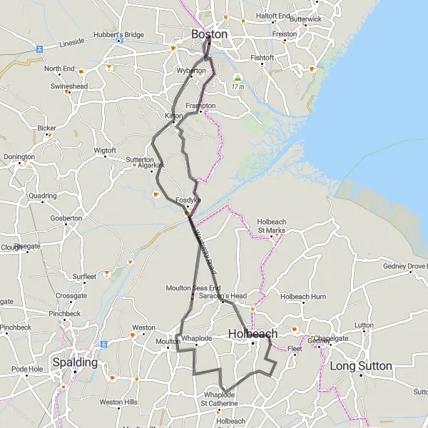 Map miniature of "Kirton and Boston Circular" cycling inspiration in Lincolnshire, United Kingdom. Generated by Tarmacs.app cycling route planner