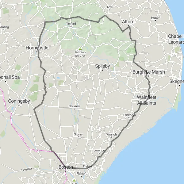 Map miniature of "Anton's Gowt and Belchford Circuit" cycling inspiration in Lincolnshire, United Kingdom. Generated by Tarmacs.app cycling route planner