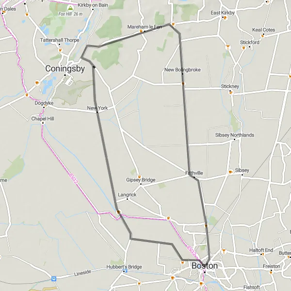 Map miniature of "Winding through the Fens" cycling inspiration in Lincolnshire, United Kingdom. Generated by Tarmacs.app cycling route planner