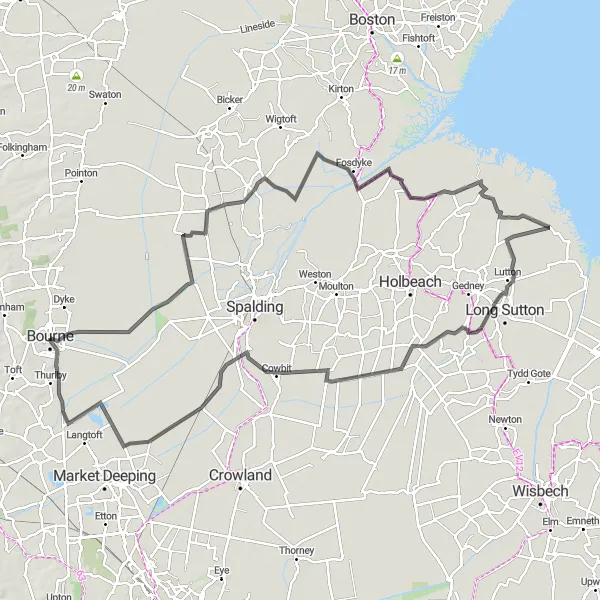 Map miniature of "Fens and Farmlands" cycling inspiration in Lincolnshire, United Kingdom. Generated by Tarmacs.app cycling route planner