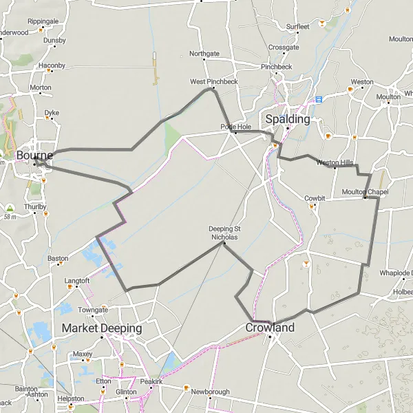 Map miniature of "Winding through Historic Villages" cycling inspiration in Lincolnshire, United Kingdom. Generated by Tarmacs.app cycling route planner