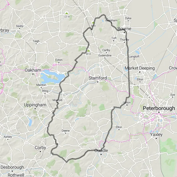 Map miniature of "Oundle Adventure" cycling inspiration in Lincolnshire, United Kingdom. Generated by Tarmacs.app cycling route planner