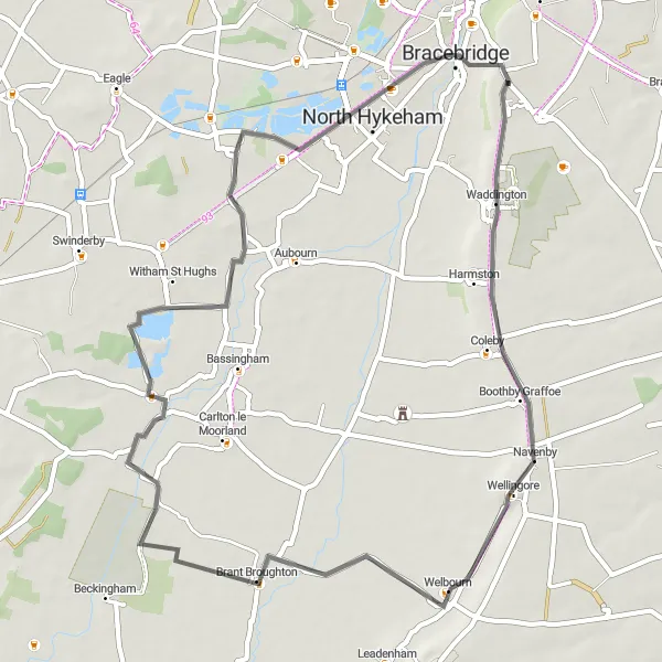Map miniature of "Waddington Loop" cycling inspiration in Lincolnshire, United Kingdom. Generated by Tarmacs.app cycling route planner