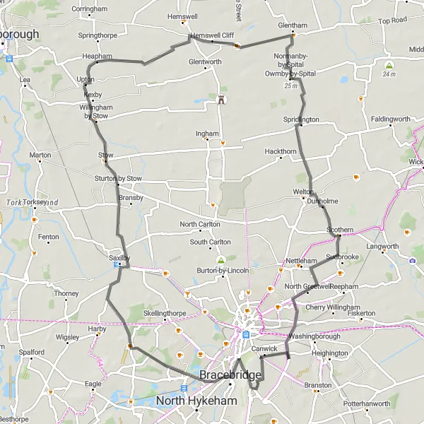 Map miniature of "Lincolnshire Countryside Loop" cycling inspiration in Lincolnshire, United Kingdom. Generated by Tarmacs.app cycling route planner