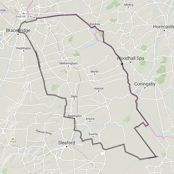 Map miniature of "Historic Villages and Riverside Cycling" cycling inspiration in Lincolnshire, United Kingdom. Generated by Tarmacs.app cycling route planner