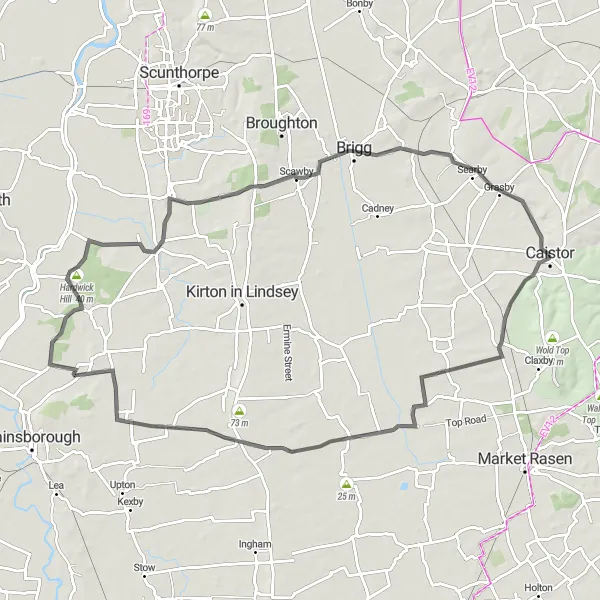 Map miniature of "Rolling Hills and Historic Towns" cycling inspiration in Lincolnshire, United Kingdom. Generated by Tarmacs.app cycling route planner