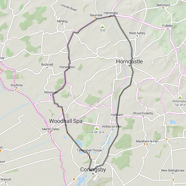 Map miniature of "Woodhall Explorer" cycling inspiration in Lincolnshire, United Kingdom. Generated by Tarmacs.app cycling route planner