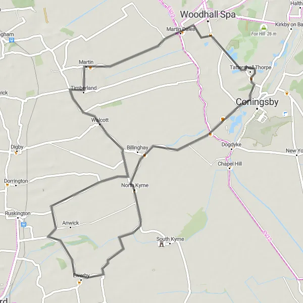 Map miniature of "Coningsby and Beyond" cycling inspiration in Lincolnshire, United Kingdom. Generated by Tarmacs.app cycling route planner