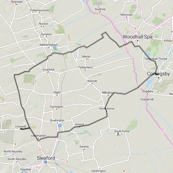 Map miniature of "Anwick and Cranwell Loop" cycling inspiration in Lincolnshire, United Kingdom. Generated by Tarmacs.app cycling route planner