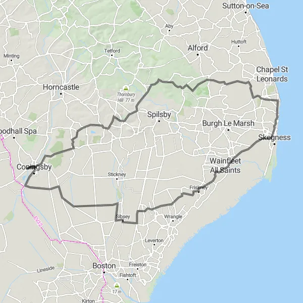 Map miniature of "Coastal Excursion via Skegness" cycling inspiration in Lincolnshire, United Kingdom. Generated by Tarmacs.app cycling route planner
