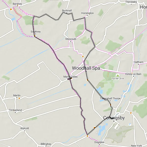 Map miniature of "Southrey and Tattershall Thorpe Circular" cycling inspiration in Lincolnshire, United Kingdom. Generated by Tarmacs.app cycling route planner