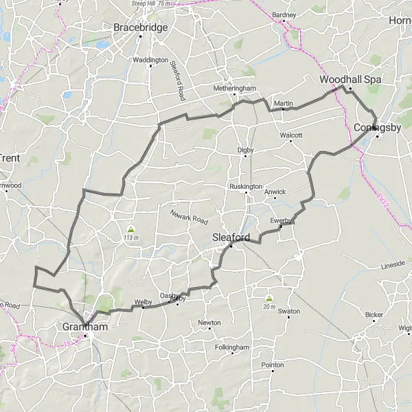 Map miniature of "Grantham Adventure" cycling inspiration in Lincolnshire, United Kingdom. Generated by Tarmacs.app cycling route planner