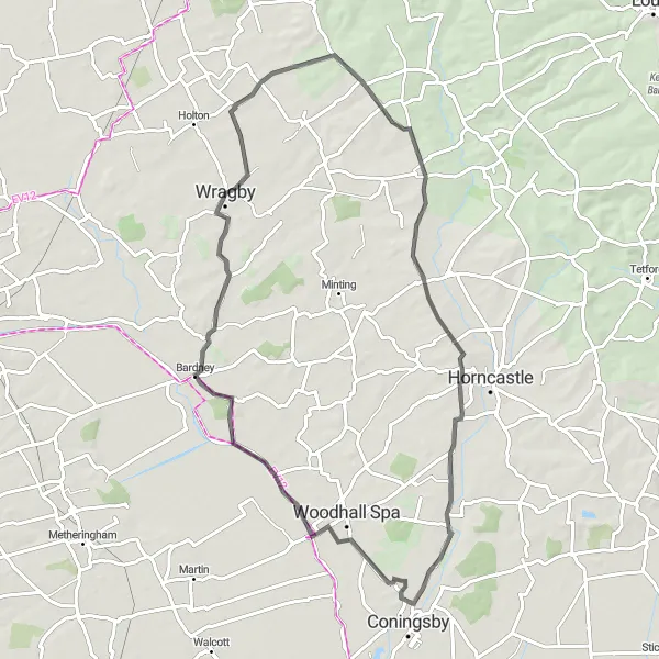 Map miniature of "Wolds and Woods" cycling inspiration in Lincolnshire, United Kingdom. Generated by Tarmacs.app cycling route planner