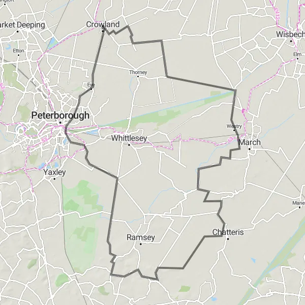 Map miniature of "Thorney Toll Adventure" cycling inspiration in Lincolnshire, United Kingdom. Generated by Tarmacs.app cycling route planner