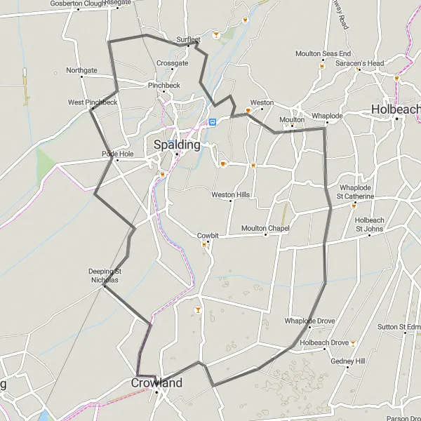 Map miniature of "Whaplode Wander" cycling inspiration in Lincolnshire, United Kingdom. Generated by Tarmacs.app cycling route planner