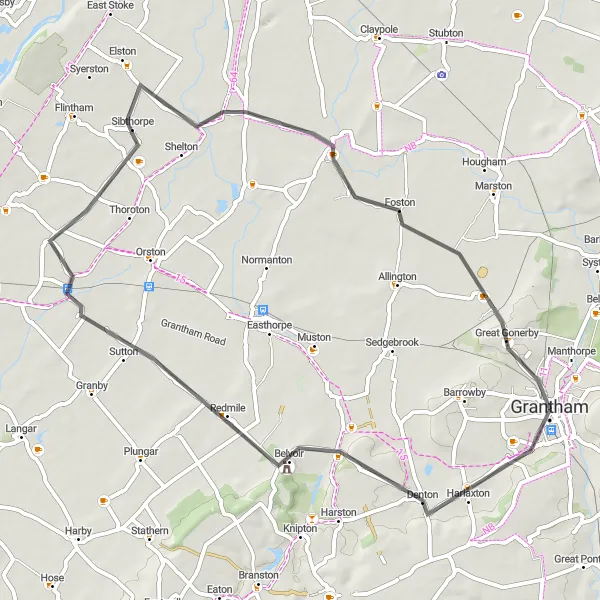 Map miniature of "The Grantham Loop" cycling inspiration in Lincolnshire, United Kingdom. Generated by Tarmacs.app cycling route planner