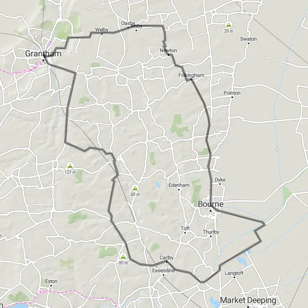 Map miniature of "The Kestevens Lane Loop" cycling inspiration in Lincolnshire, United Kingdom. Generated by Tarmacs.app cycling route planner