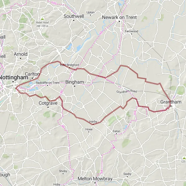 Map miniature of "Gravel Escape: Grantham to Great Gonerby" cycling inspiration in Lincolnshire, United Kingdom. Generated by Tarmacs.app cycling route planner