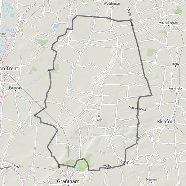 Map miniature of "Giant Loop: Stubton to Great Gonerby" cycling inspiration in Lincolnshire, United Kingdom. Generated by Tarmacs.app cycling route planner