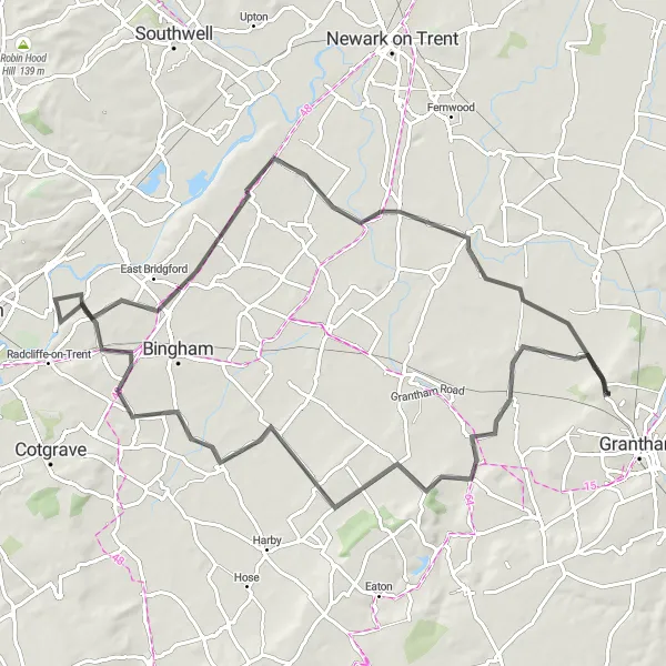 Map miniature of "Vale and Villages" cycling inspiration in Lincolnshire, United Kingdom. Generated by Tarmacs.app cycling route planner