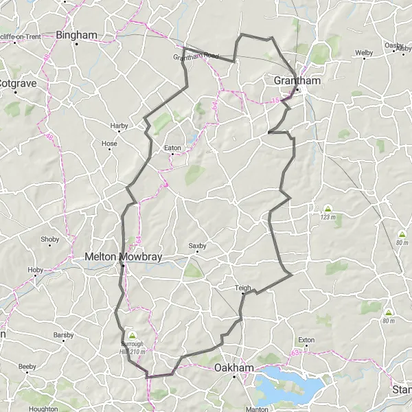Map miniature of "Heart of Lincolnshire: Grantham to Great Gonerby" cycling inspiration in Lincolnshire, United Kingdom. Generated by Tarmacs.app cycling route planner
