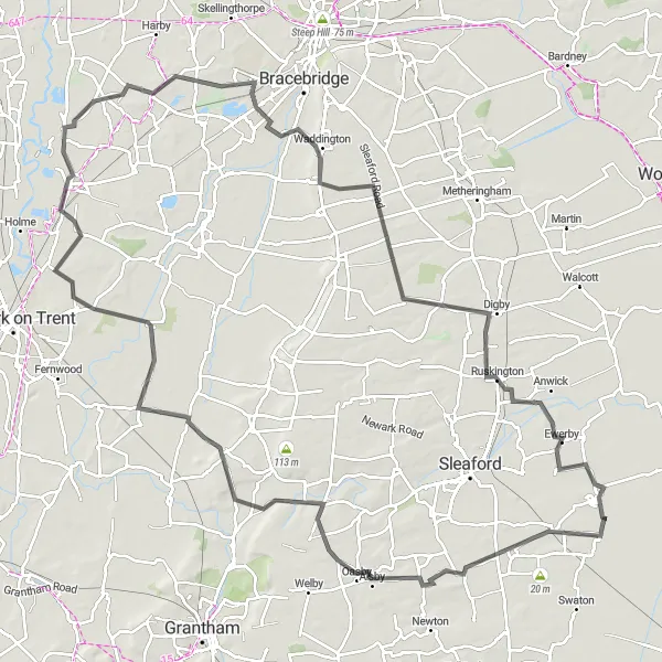 Map miniature of "Stately Home Escape" cycling inspiration in Lincolnshire, United Kingdom. Generated by Tarmacs.app cycling route planner