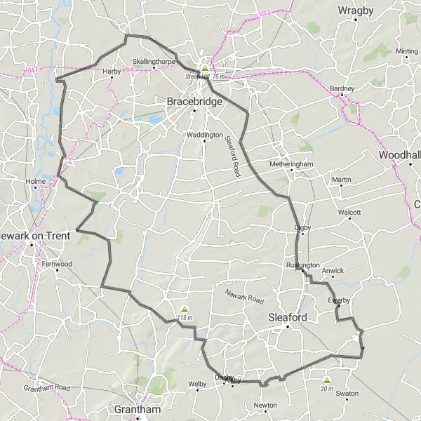 Map miniature of "The Village Loop" cycling inspiration in Lincolnshire, United Kingdom. Generated by Tarmacs.app cycling route planner