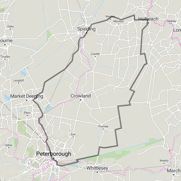 Map miniature of "The Fenland Loop" cycling inspiration in Lincolnshire, United Kingdom. Generated by Tarmacs.app cycling route planner