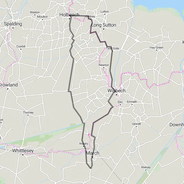 Map miniature of "The Borderlands Ride" cycling inspiration in Lincolnshire, United Kingdom. Generated by Tarmacs.app cycling route planner