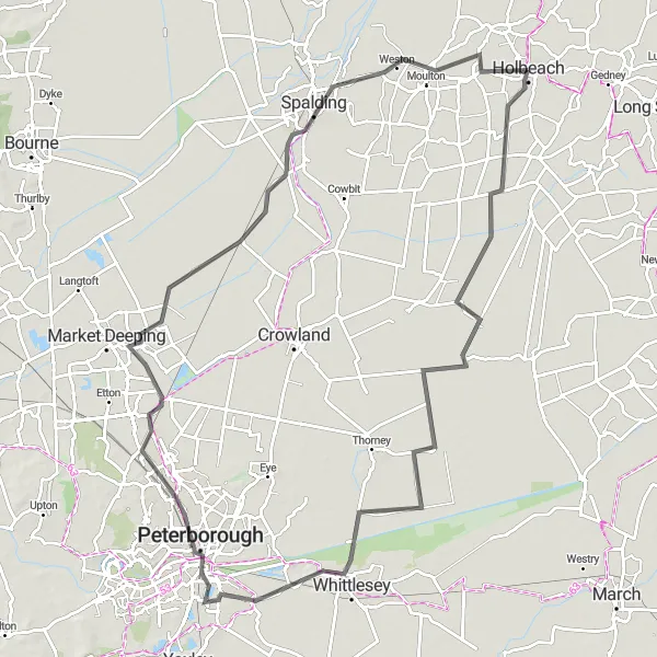 Map miniature of "The Peterborough Loop" cycling inspiration in Lincolnshire, United Kingdom. Generated by Tarmacs.app cycling route planner