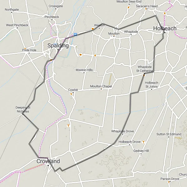 Map miniature of "Whaplode and Beyond" cycling inspiration in Lincolnshire, United Kingdom. Generated by Tarmacs.app cycling route planner