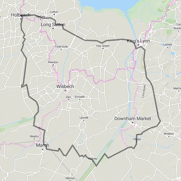 Map miniature of "The Fens and The Wash" cycling inspiration in Lincolnshire, United Kingdom. Generated by Tarmacs.app cycling route planner