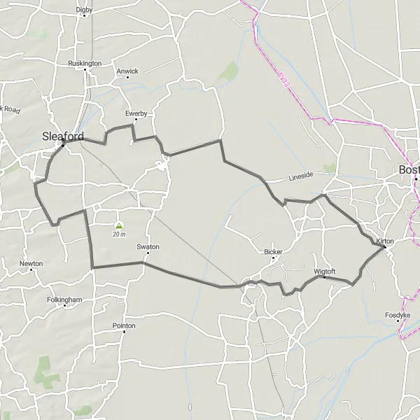 Map miniature of "Kirton to Swaton Loop" cycling inspiration in Lincolnshire, United Kingdom. Generated by Tarmacs.app cycling route planner