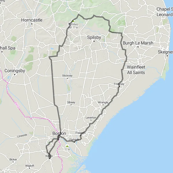 Map miniature of "Boston Stump and Rolling Hills" cycling inspiration in Lincolnshire, United Kingdom. Generated by Tarmacs.app cycling route planner