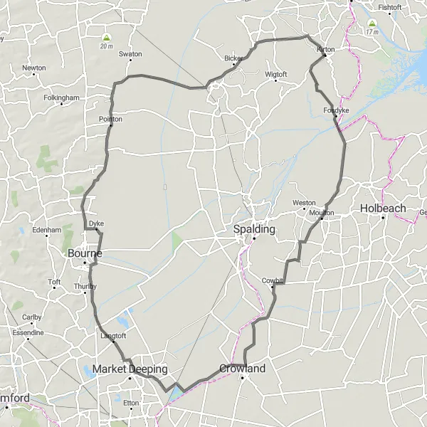 Map miniature of "Historic Tour of South Lincolnshire" cycling inspiration in Lincolnshire, United Kingdom. Generated by Tarmacs.app cycling route planner