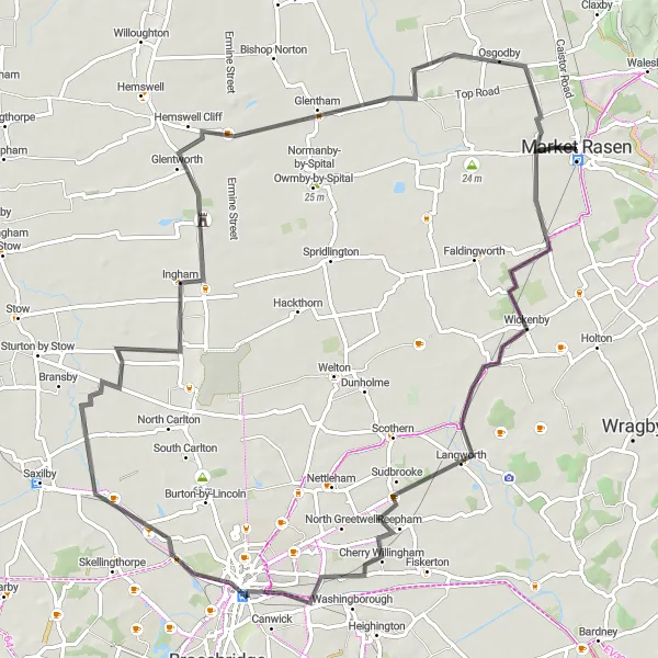 Map miniature of "Market Rasen to Osgodby Loop" cycling inspiration in Lincolnshire, United Kingdom. Generated by Tarmacs.app cycling route planner