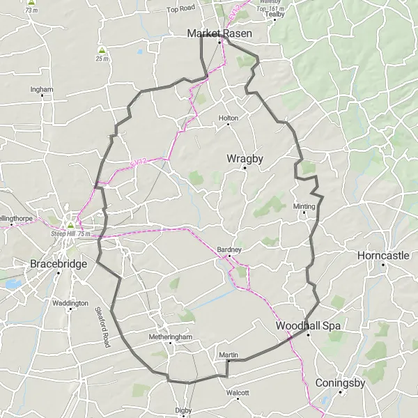 Map miniature of "Market Rasen to Middle Rasen Loop" cycling inspiration in Lincolnshire, United Kingdom. Generated by Tarmacs.app cycling route planner