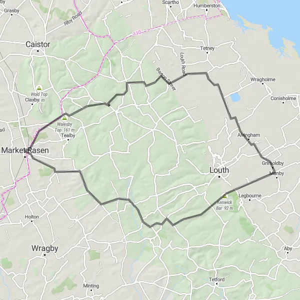 Map miniature of "The Wolds Explorer" cycling inspiration in Lincolnshire, United Kingdom. Generated by Tarmacs.app cycling route planner