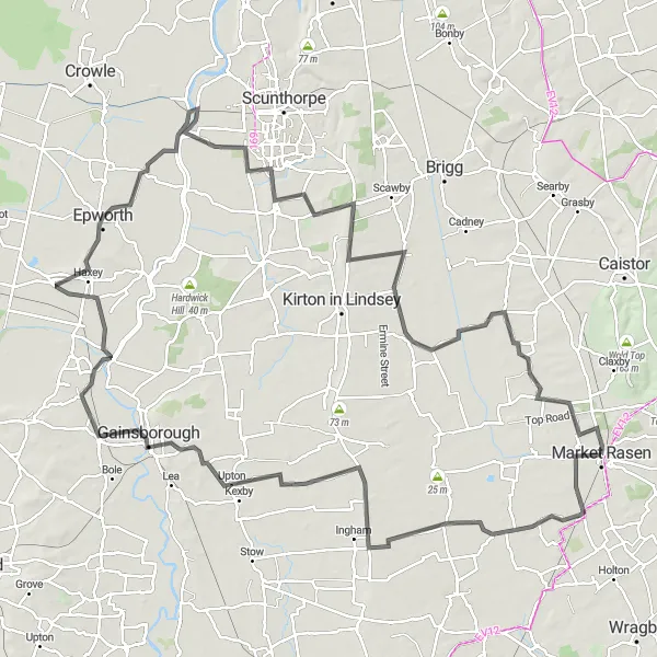 Map miniature of "Market Rasen to Osgodby Extended Loop" cycling inspiration in Lincolnshire, United Kingdom. Generated by Tarmacs.app cycling route planner