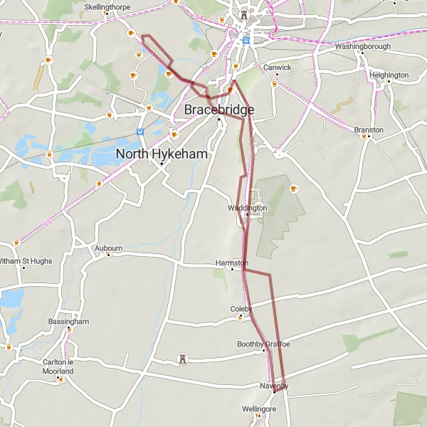 Map miniature of "Graffoe Hills Gravel Ride" cycling inspiration in Lincolnshire, United Kingdom. Generated by Tarmacs.app cycling route planner